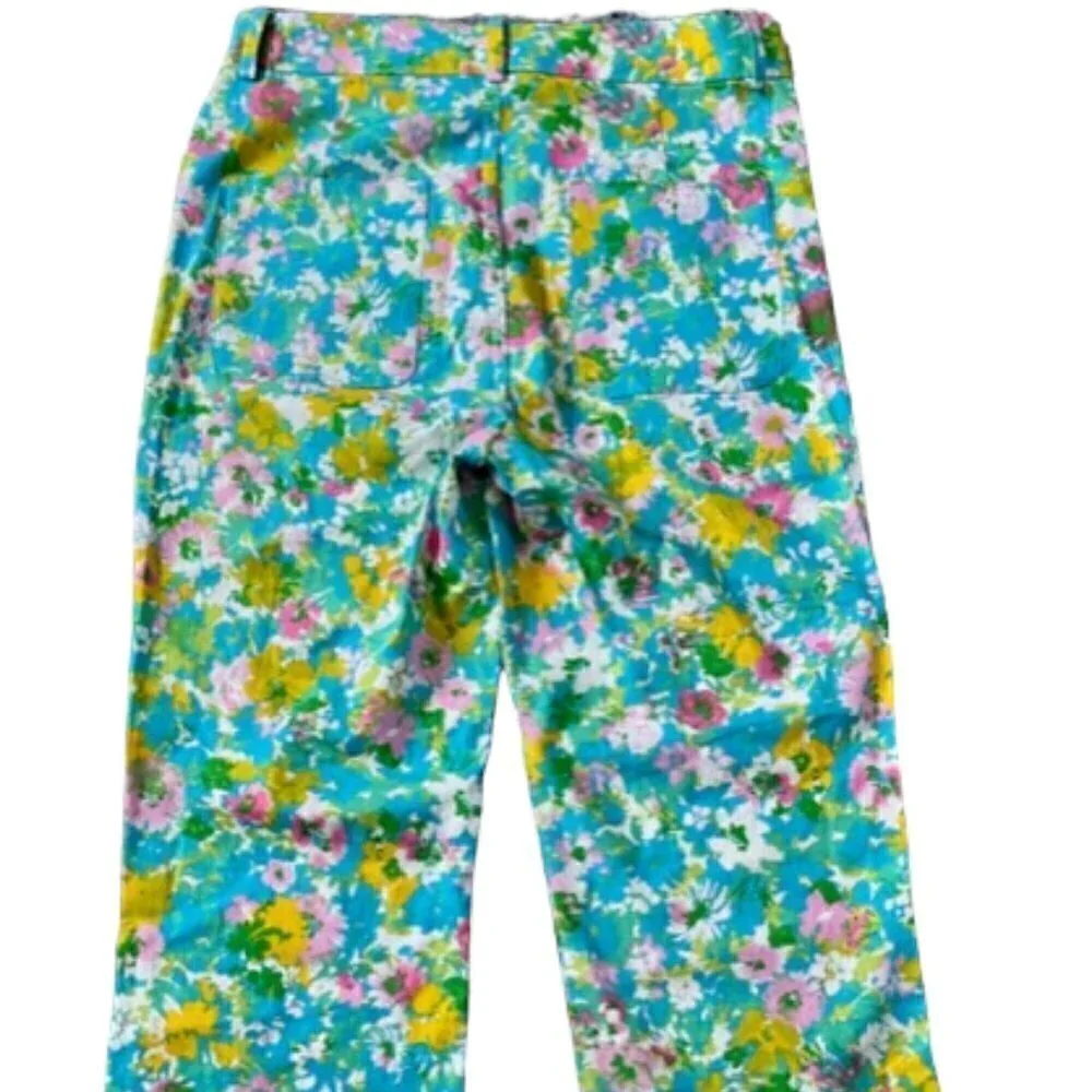 Zara NWT Printed Linen Blend Flared Trousers Green Blue Pink Floral Print Size 4